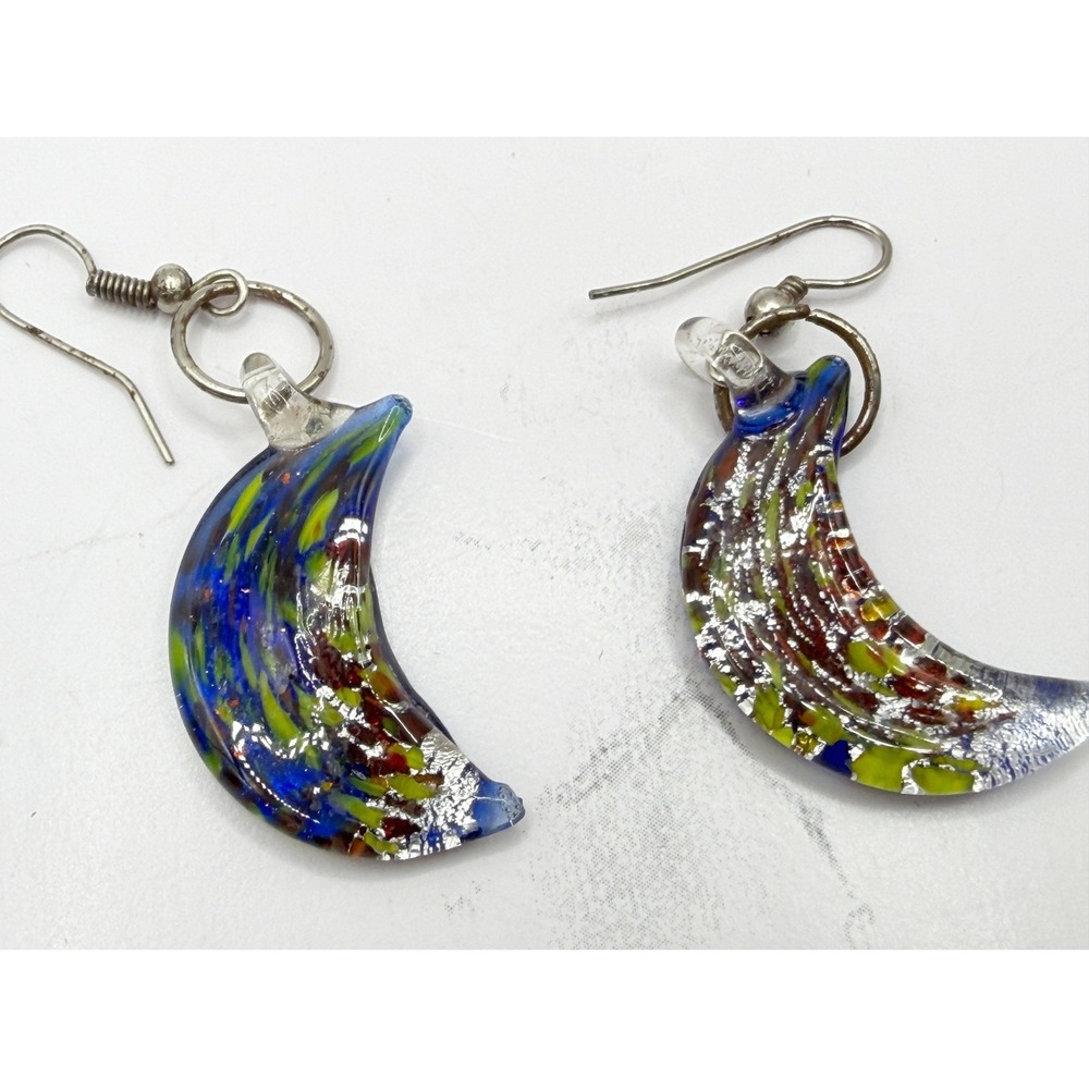 Blue Glass Crescent Moon Earrings Dichroic Style Dangle 2.25"